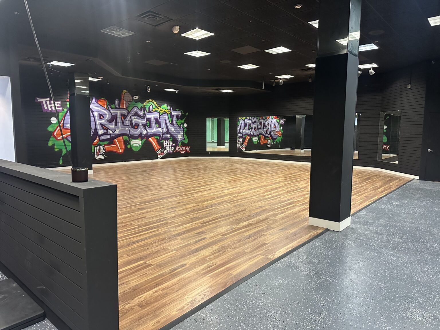Carlsbad studio dance floor, mirrors and The Origin mural